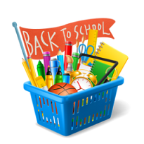 Basket with school supplies and a back to school flag