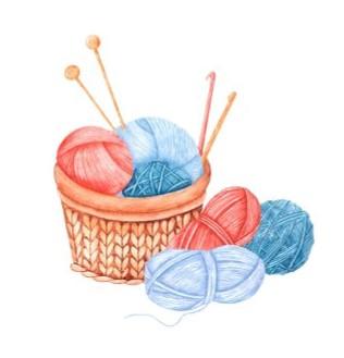 Watercolor illustration of knitting needles and yarn.